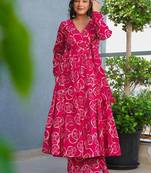 Floral printed rayon v neck pink anarkali set