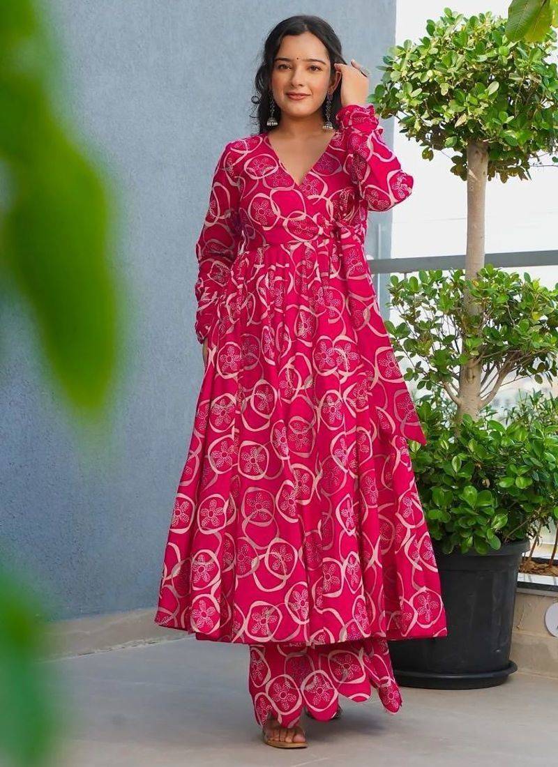 Floral printed rayon v neck pink anarkali set