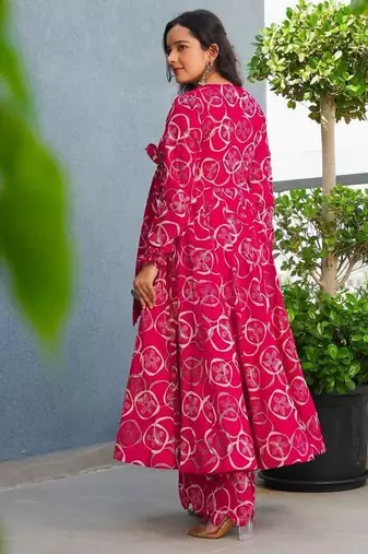 Floral printed rayon v neck pink anarkali set