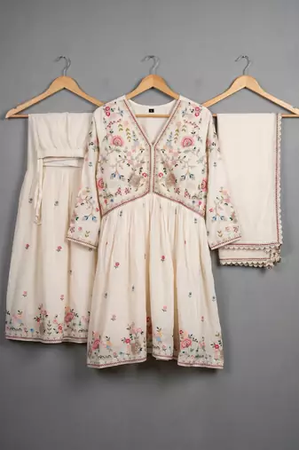 Cream premium chinon sharara suit set with border dupatta