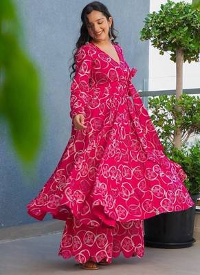 Floral printed rayon v neck pink anarkali set 3