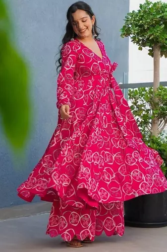 Floral printed rayon v neck pink anarkali set