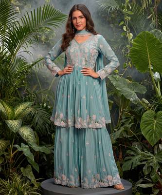 Sky blue premium chinon sharara suit set with border dupatta 1