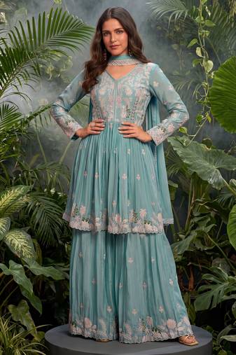 Sky blue premium chinon sharara suit set with border dupatta