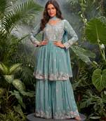 Sky blue premium chinon sharara suit set with border dupatta