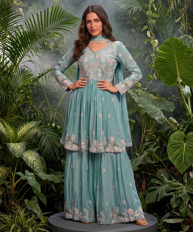 Sky blue premium chinon sharara suit set with border dupatta