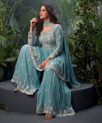 Sky blue premium chinon sharara suit set with border dupatta 2
