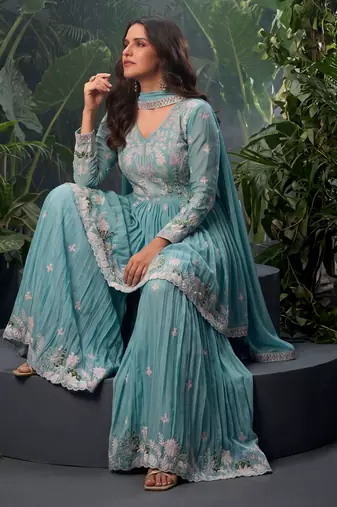 Sky blue premium chinon sharara suit set with border dupatta