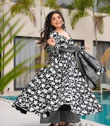 Floral printed muslin v neck black anarkali set