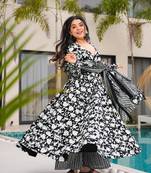 Floral printed muslin v neck black anarkali set