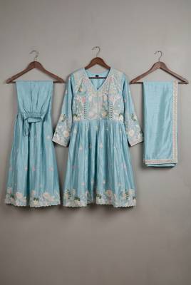 Sky blue premium chinon sharara suit set with border dupatta 3