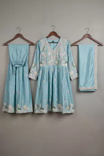 Sky blue premium chinon sharara suit set with border dupatta