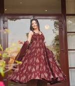 Floral printed muslin v neck maroon anarkali set