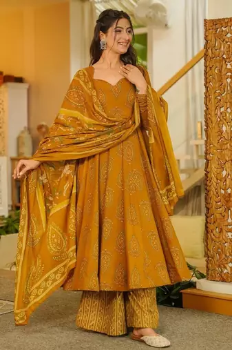 Floral printed muslin v neck dark-yellow anarkali set