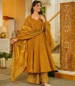 Floral printed muslin v neck dark-yellow anarkali set