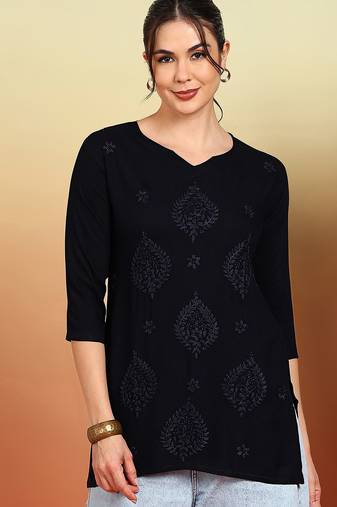 Women navy blue ethnic motifs embroidered chikankari rayon cotton short kurti
