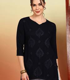 Women navy blue ethnic motifs embroidered chikankari rayon cotton short kurti