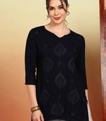 Women navy blue ethnic motifs embroidered chikankari rayon cotton short kurti
