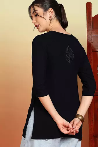 Women navy blue ethnic motifs embroidered chikankari rayon cotton short kurti
