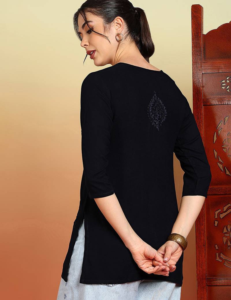 Women navy blue ethnic motifs embroidered chikankari rayon cotton short kurti
