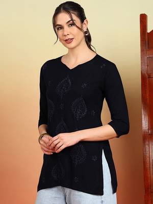 Women navy blue ethnic motifs embroidered chikankari rayon cotton short kurti 3