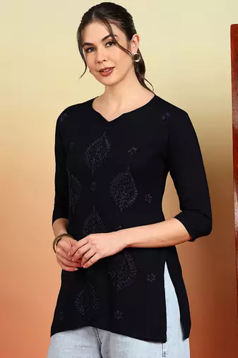 Women navy blue ethnic motifs embroidered chikankari rayon cotton short kurti