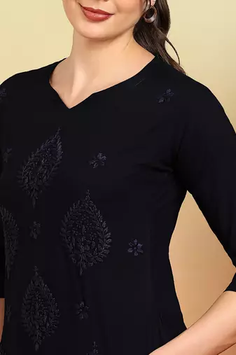 Women navy blue ethnic motifs embroidered chikankari rayon cotton short kurti