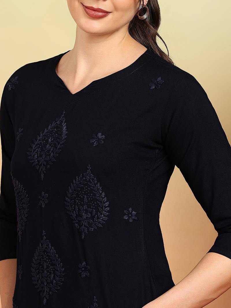 Women navy blue ethnic motifs embroidered chikankari rayon cotton short kurti
