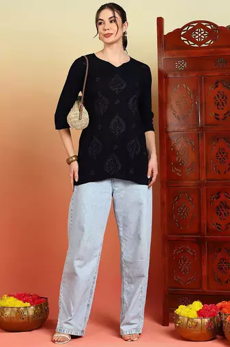 Women navy blue ethnic motifs embroidered chikankari rayon cotton short kurti