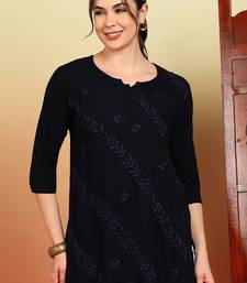 Women navy blue ethnic motifs embroidered chikankari rayon cotton short kurti