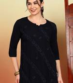 Women navy blue ethnic motifs embroidered chikankari rayon cotton short kurti