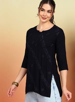 Women navy blue ethnic motifs embroidered chikankari rayon cotton short kurti 3