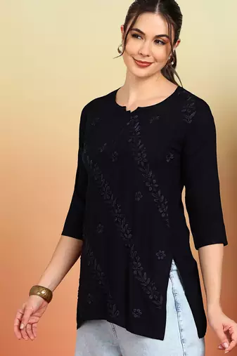 Women navy blue ethnic motifs embroidered chikankari rayon cotton short kurti