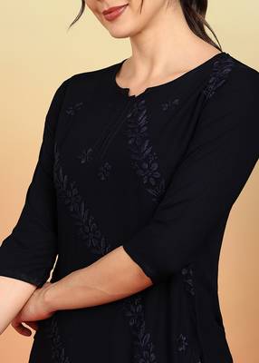 Women navy blue ethnic motifs embroidered chikankari rayon cotton short kurti 4