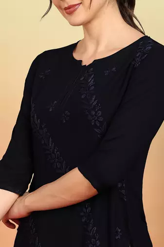 Women navy blue ethnic motifs embroidered chikankari rayon cotton short kurti