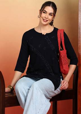 Women navy blue ethnic motifs embroidered chikankari rayon cotton short kurti 5