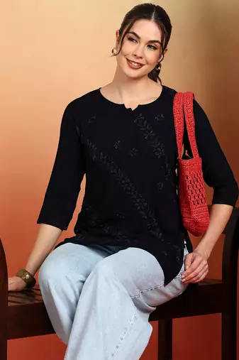 Women navy blue ethnic motifs embroidered chikankari rayon cotton short kurti