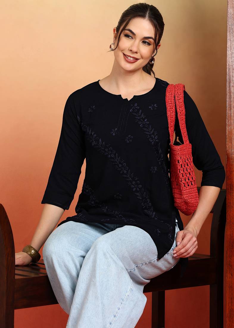 Women navy blue ethnic motifs embroidered chikankari rayon cotton short kurti