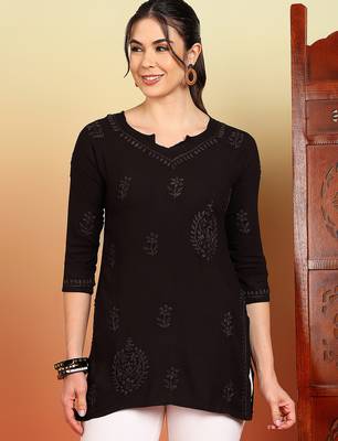 Women coffee floral embroidered chikankari liva rayon straight short kurtis 1