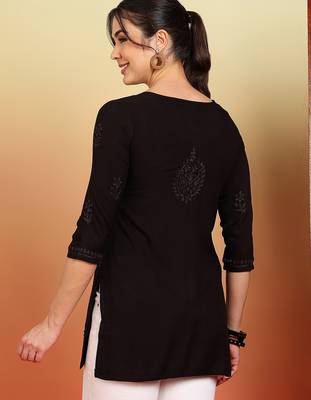 Women coffee floral embroidered chikankari liva rayon straight short kurtis 2