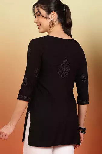 Women coffee floral embroidered chikankari liva rayon straight short kurtis