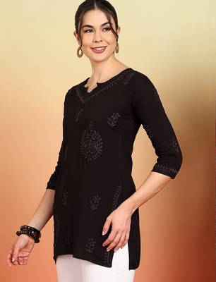 Women coffee floral embroidered chikankari liva rayon straight short kurtis 3