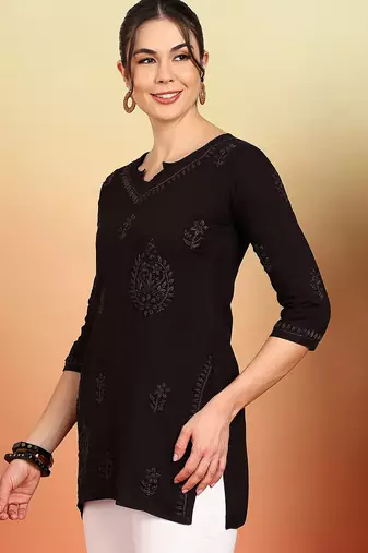 Women coffee floral embroidered chikankari liva rayon straight short kurtis