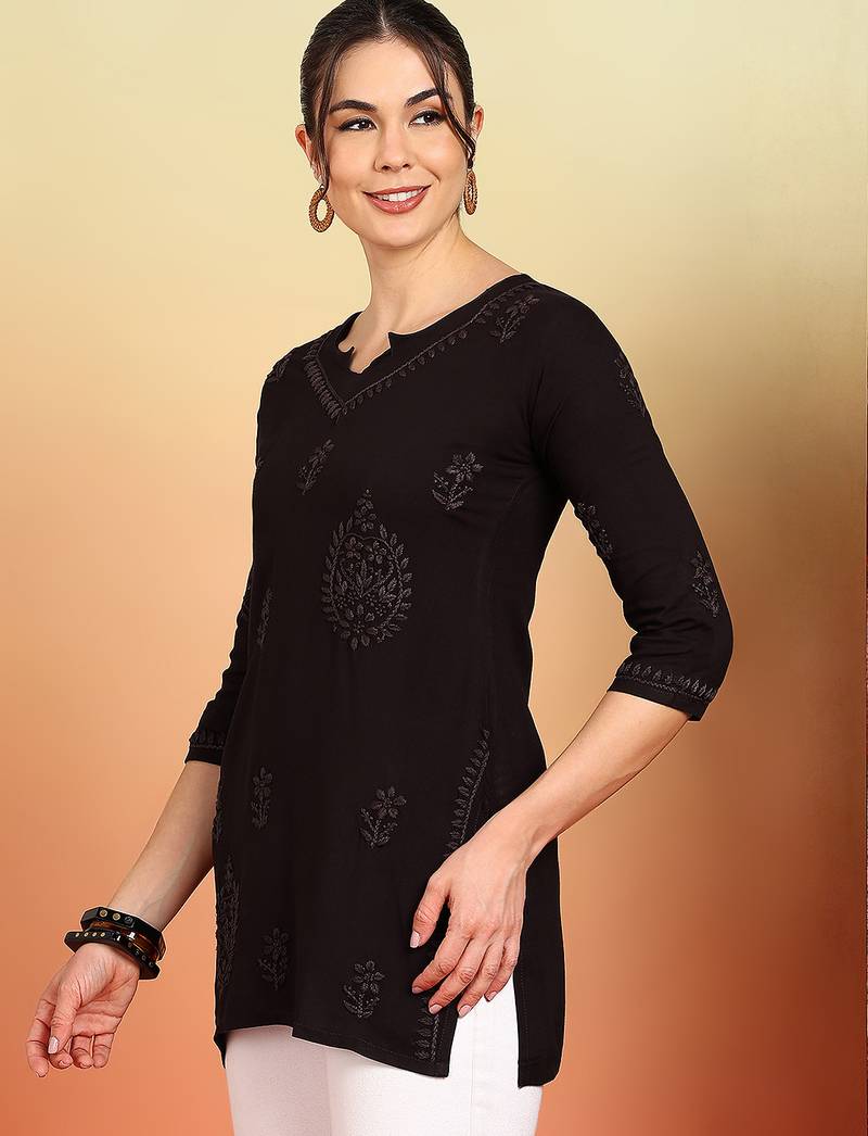 Women coffee floral embroidered chikankari liva rayon straight short kurtis