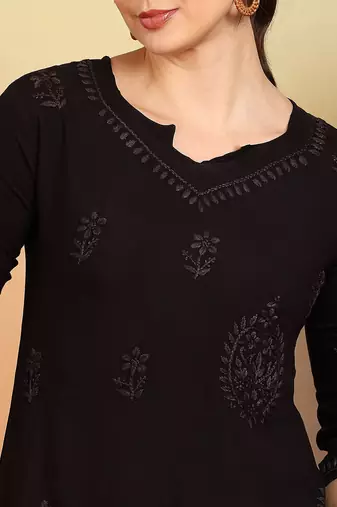 Women coffee floral embroidered chikankari liva rayon straight short kurtis