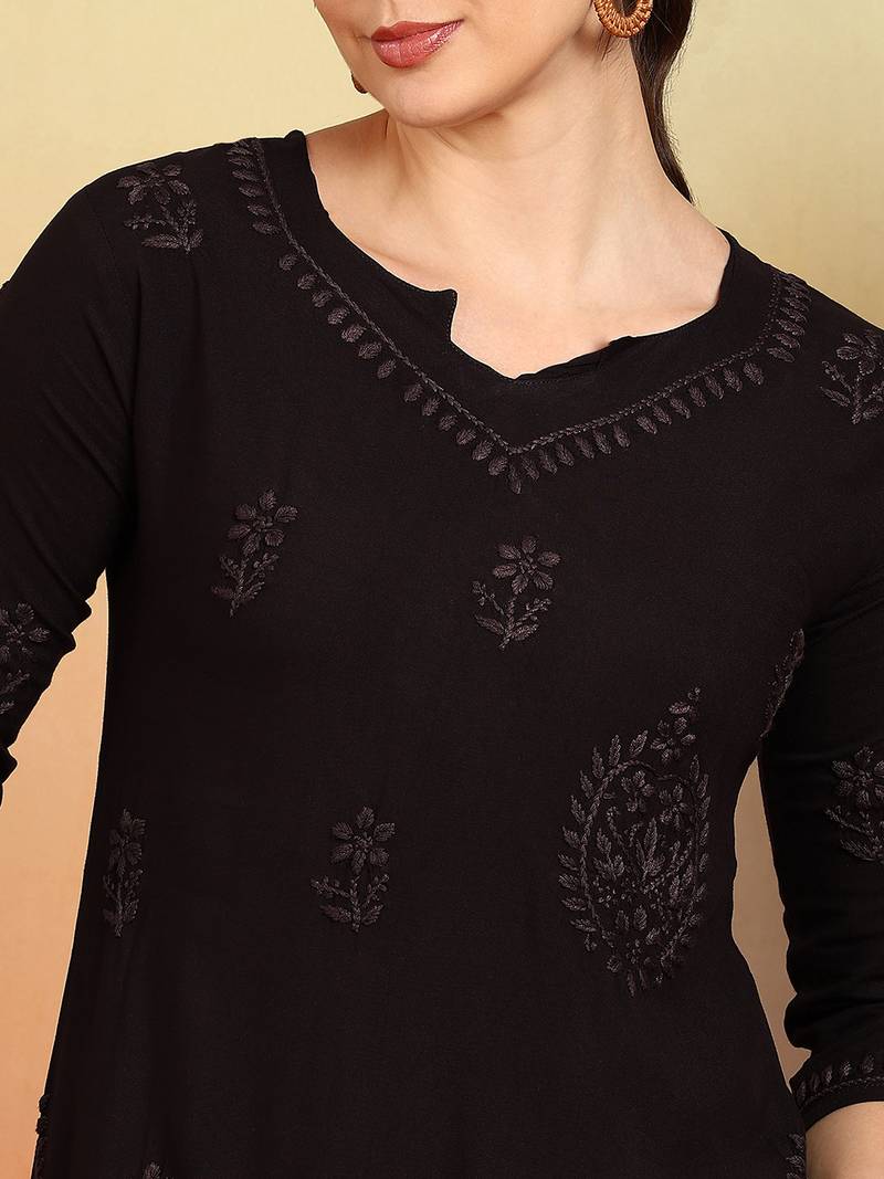 Women coffee floral embroidered chikankari liva rayon straight short kurtis