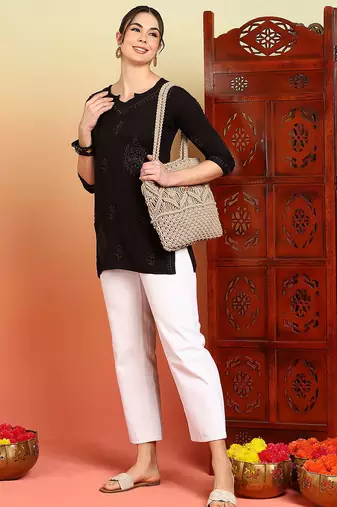 Women coffee floral embroidered chikankari liva rayon straight short kurtis