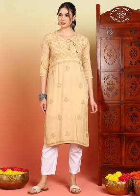 Women beige floral embroidered chikankari liva rayon straight tie-up angrakha kurta 1
