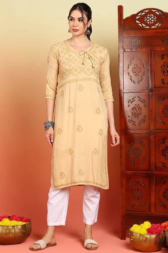 Women beige floral embroidered chikankari liva rayon straight tie-up angrakha kurta