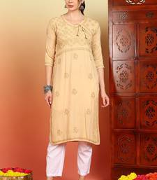 Women beige floral embroidered chikankari liva rayon straight tie-up angrakha kurta